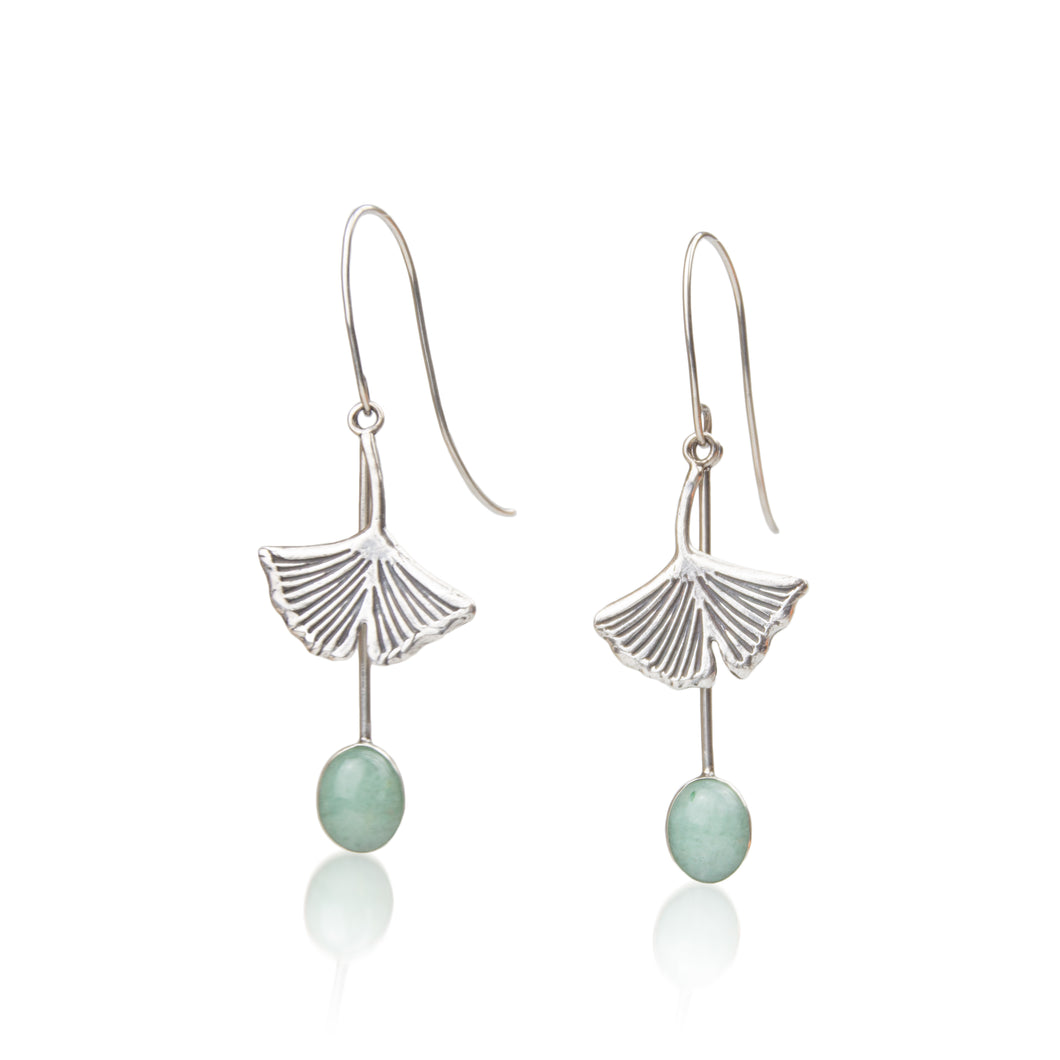 Fine silver Gingko Leaf drop earrings with natural gemstone
