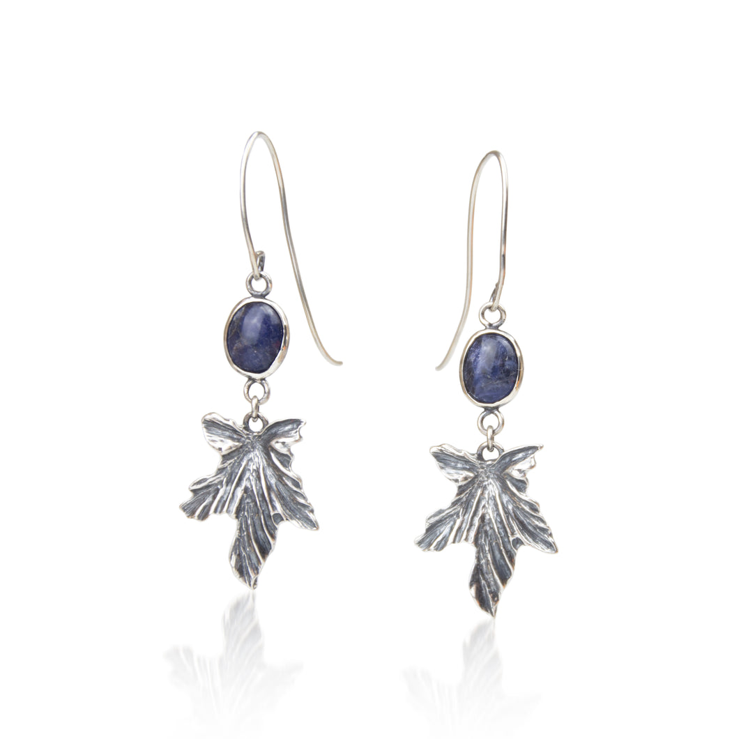 Fine silver Oak Leaf drop earrings with natural gemstone