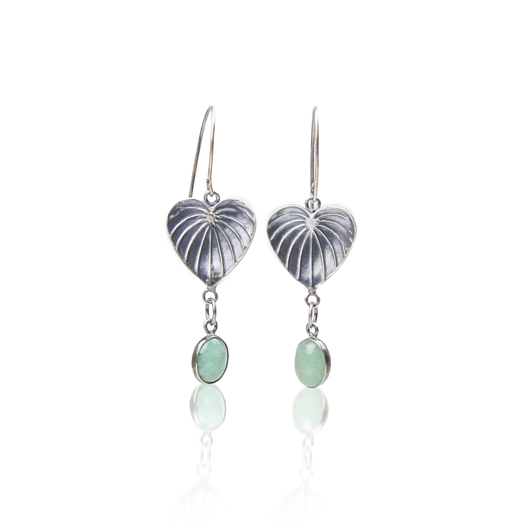 Fine silver Palm Leaf drop earrings with natural gemstone